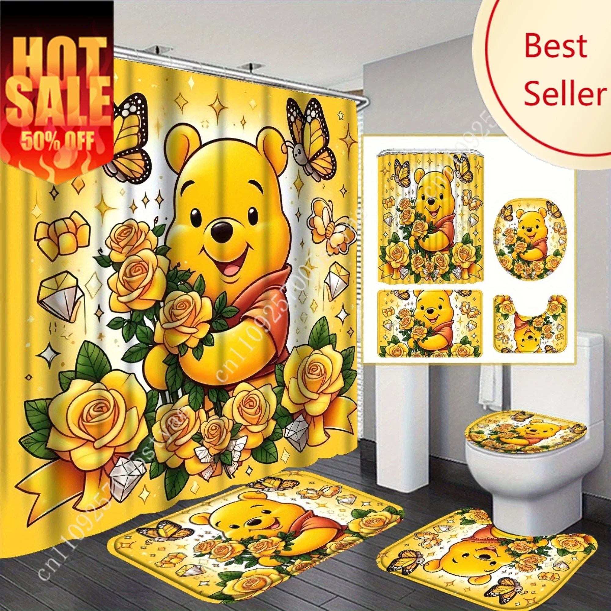 

Winnie Bear Shower Curtain Set Disney Cartoon Decoration Gift Floor Mat Toilet Seat Cover Bathtub Curtain Anti-slip Bath Mat 4PC