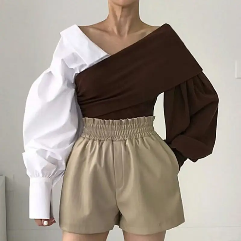 Camisas de otoño para mujer, camisas Vintage de manga larga con contraste de retazos, ropa de calle de moda coreana para mujer, Tops de oficina con cuello en V 2025