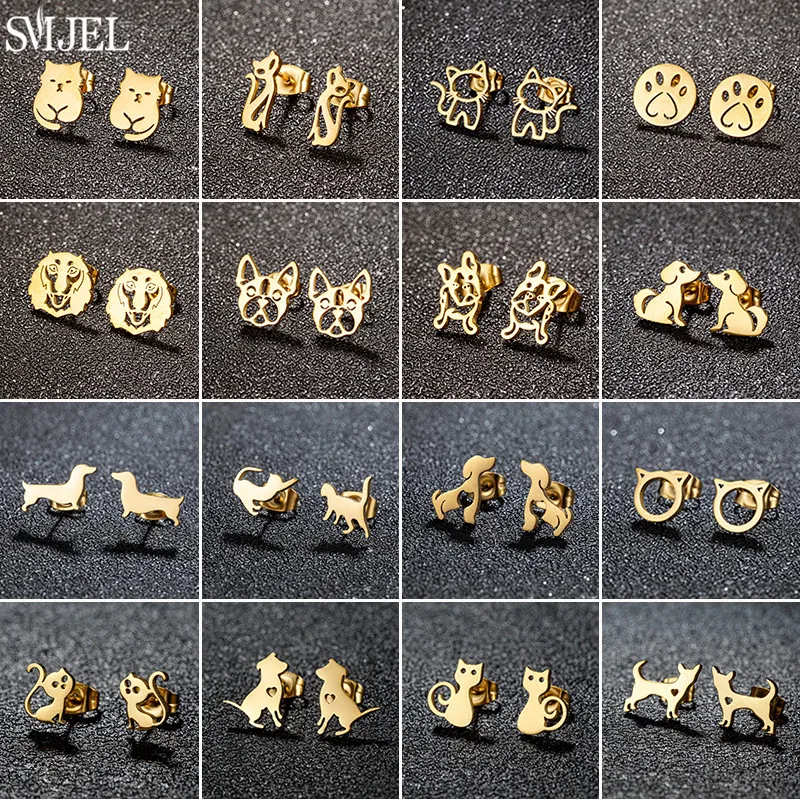 SMJEL Lovely Animal Stainless Steel Stud Earrings for Women Everyday Jewelry Dachshund Chihuahua Dog Earings Kitten Accessories