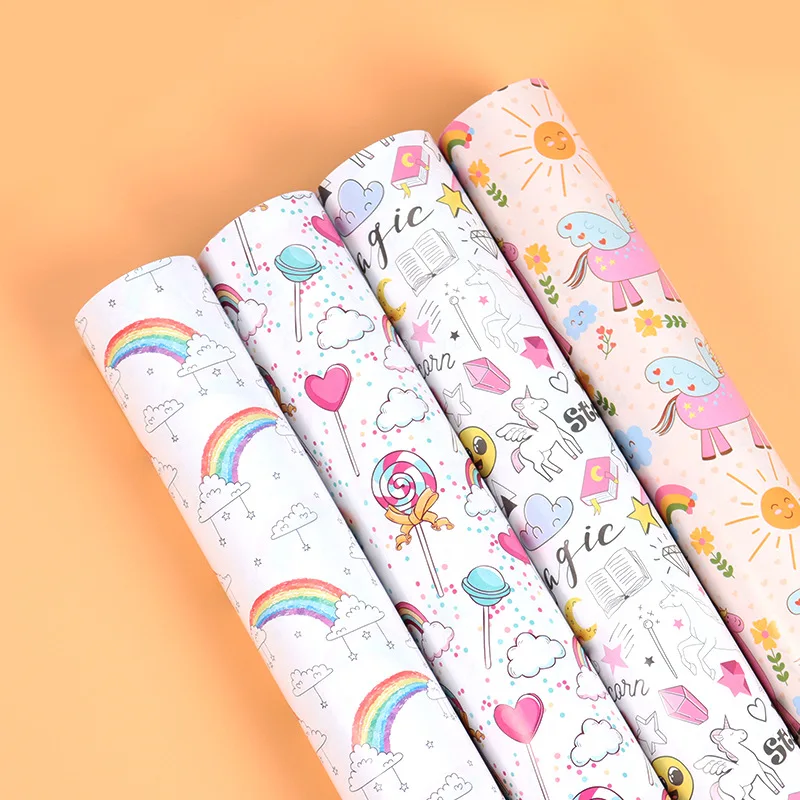 4 Pcs Cartoon Colorful Unicorn Wrapping Paper Roll for Wedding Kids Birthday Holiday Baby Shower Gift Wrap Crafts Paper Decor