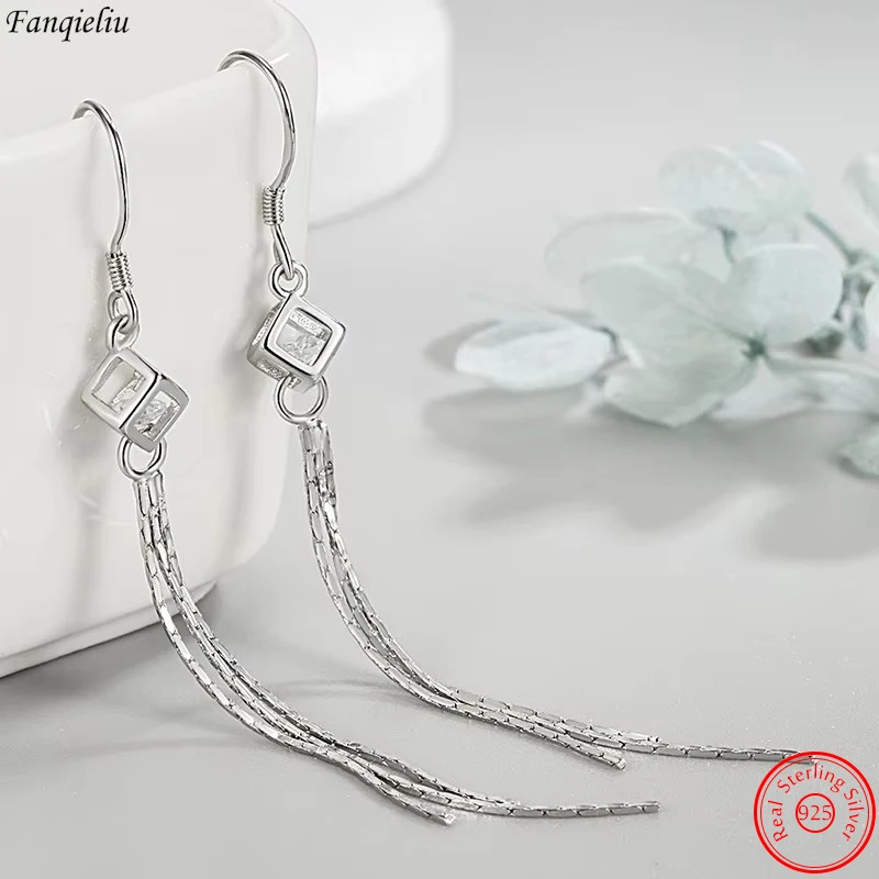 

Real 925 Sterling Silver New Jewelry Fashion Long Chain Hollow Square Box Crystal Zircon Drop Earrings For Women FQL23560