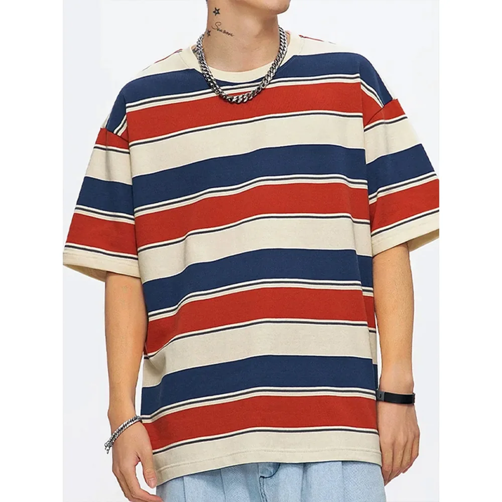 

Top Quality 100% Cotton Horizontal Stripes Simple Fashion Men's T-shirt Classic Timeless O Neck Tops Casual Unisex Kid's Tees