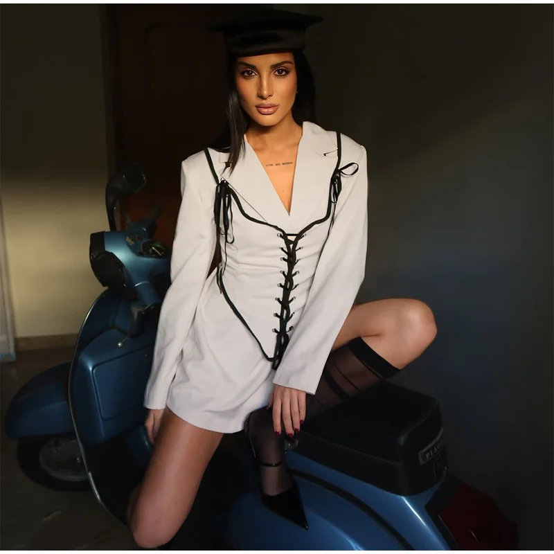 Beige Black Straps Blazer Coat Lapel Long Sleeve Lace‑up Corset Detail Coats 2026 Autumn Party Office Women Casual Street Outfit