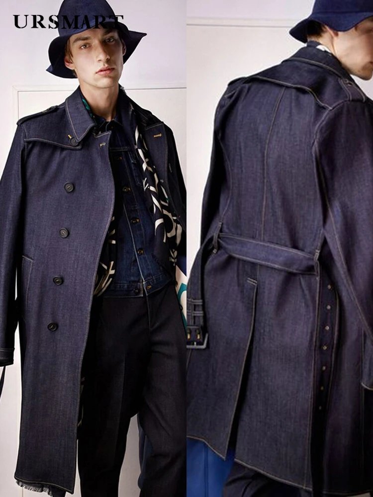 Trench coat for men Classic long denim indigo  pure cotton  non fading double breasted waist fitting thickened jacket for men