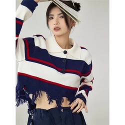 Women Navy Blue Stripe Sweater Short POLO Collar Contrasting Colors Fashion Tassels Leisure Winter Long Sleeves Knitting Tops