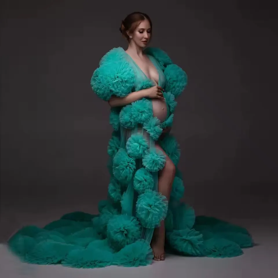 

Elegant Fairy Ball Flowers Maternity Dresses for Photoshoot Cape Women Long Coat Tulle Jacket Bridal Bathrobes with Big Flowers