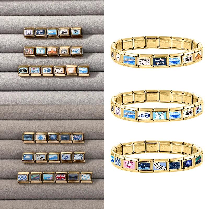 Gold Color Sea Element Italian Stainless Steel Charm Bracelet Star Fish Whale DIY Module Assembled Bracelet 9mm Bracelet Jewelry