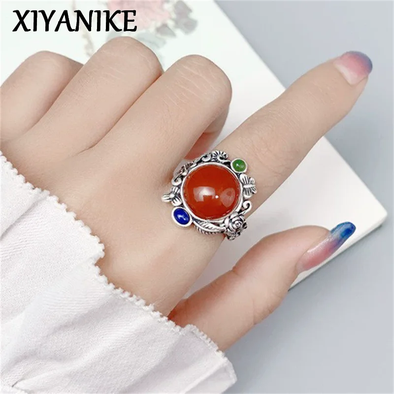 XIYANIK Thai Silver Butterfly Flower Southern Red Adjustable Finger Rings For Women Fashion New Jewelry Gift Party anillos