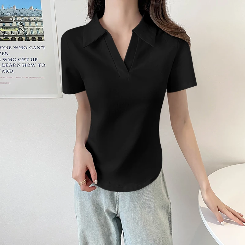 

White Short Sleeve t- T-shirt Women Polo Neck Positive Shoulder Sweet and Spicy Slim Short Tops Simple Soft Cotton