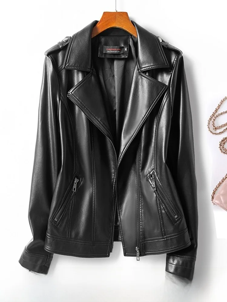 2025年春 レディース ショート丈 ファッション ブラック シープスキン レザー バイカー ジャケット ジッパー開閉 スリムフィット 通勤用 本革コート
