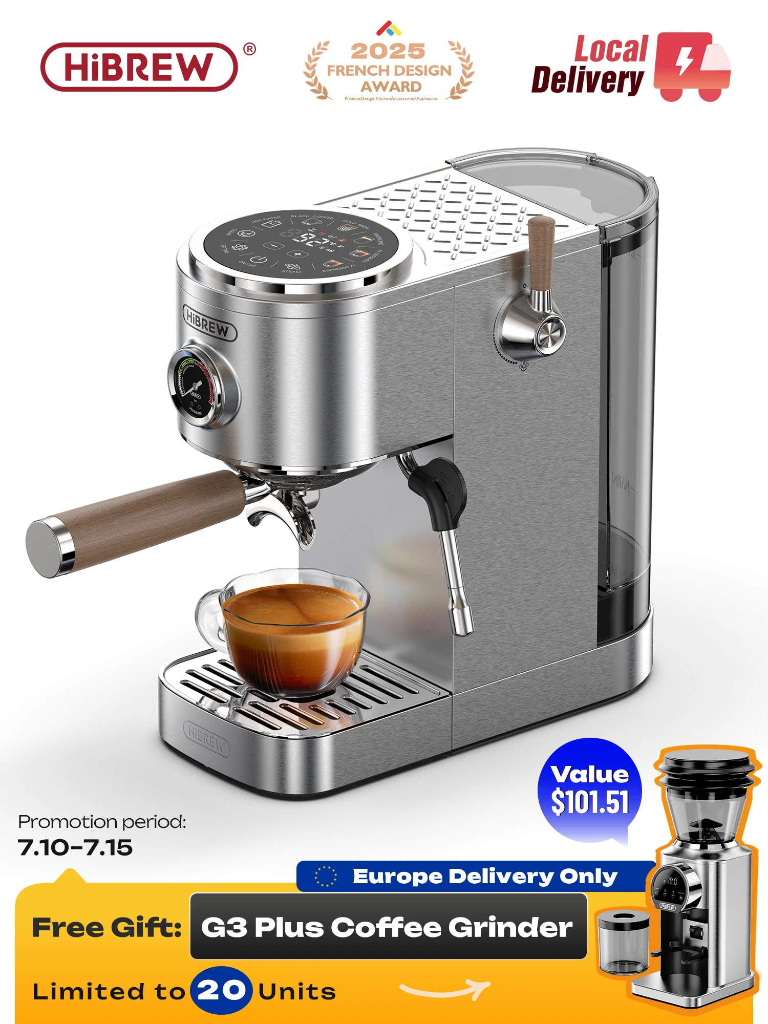 Cafetera Espresso Semiautomática Hibrew, One-Touch Americano, Temperatura Ajustable, 20 Bares, Cafetera Fría, Cappuccino H13 — -63%, 506.75€ Coupon, from 292.56€ – 63% descuento – €292.56