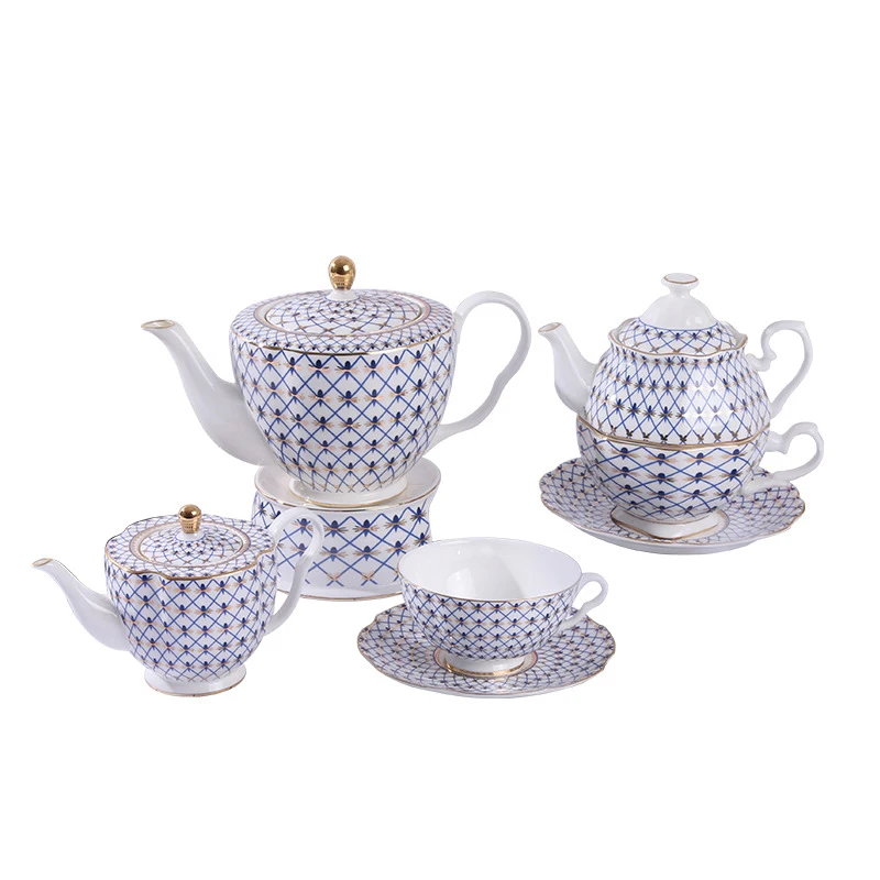 Western Style Teapot Set Golden Rim Grid Design Coffee Cup Flower Tea Cups Milk Jug With Handle Tea Party Wedding Tableware Set