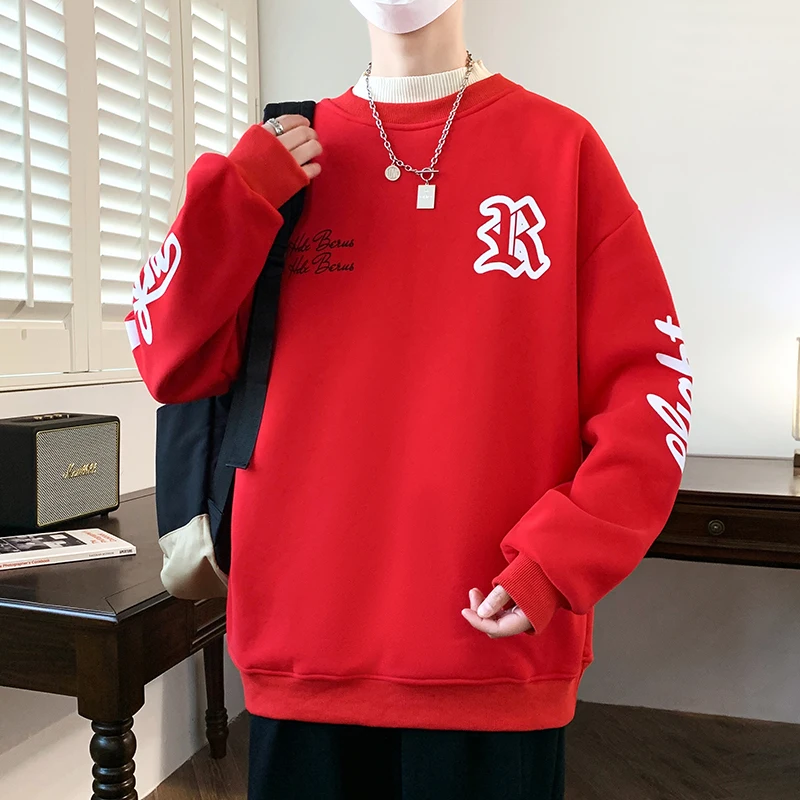 

Red Fce-Lined Long Sve round Ne Sweatirt Men's Faionable Winter Clothing Dragon Year Couple's Casual Loose Fit