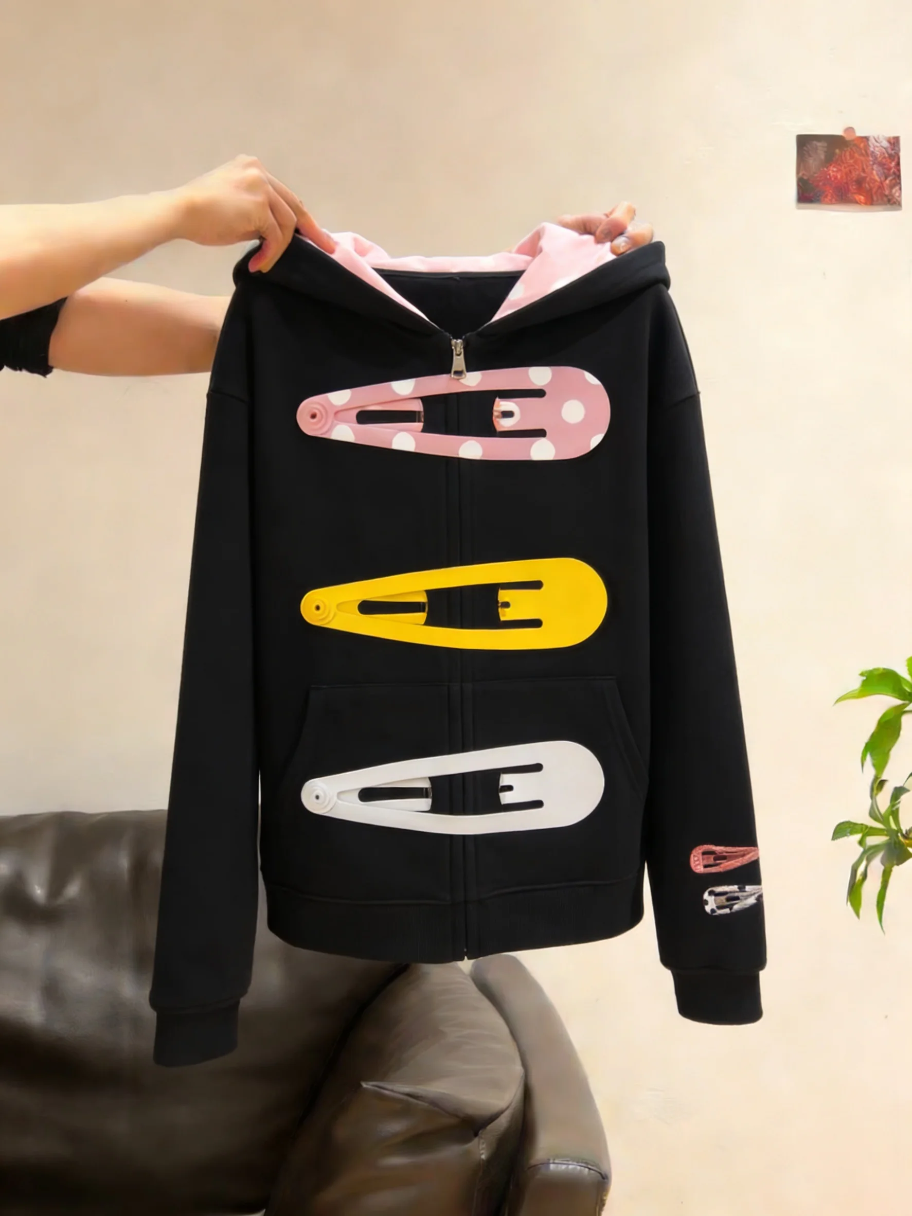 

Sweet Cool Fun Hair Clip Printed Hoodie Jaet Loose Open Cardigan Top for Men And Women Spring Autumn Korean Design Casual S...