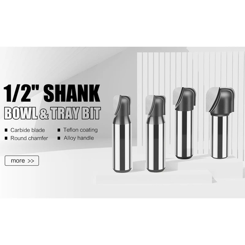 4Pcs Bowl & Tray Router Bit Round Nose Groove Head Wood Cutter Woodworking Tools Carving Cutting Tool