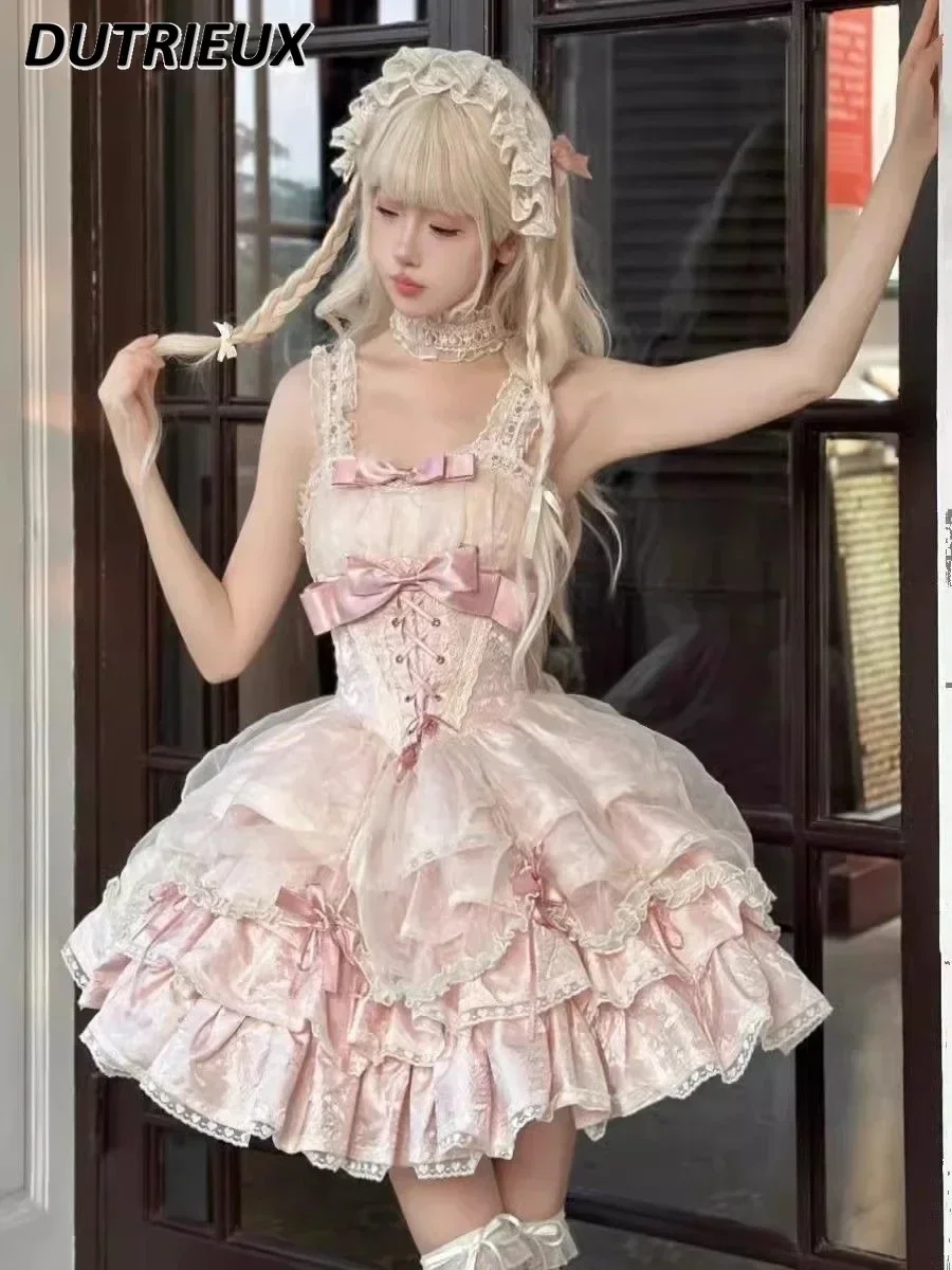 

Japanese Style Lolita JSK Bow High Waist Suspender Dress Sweet and Cute Girl Pure Desire Sleeveless Slimming Short Dresses