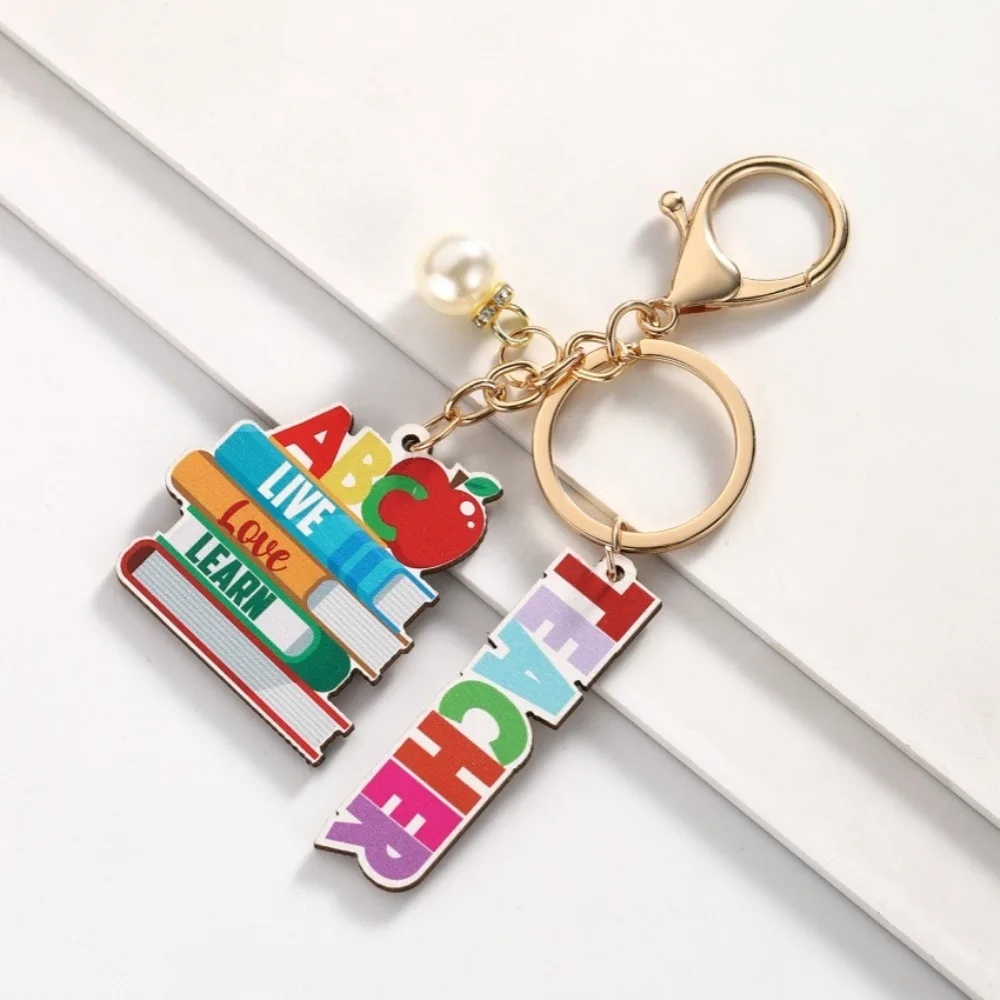 Wooden Teacher's Day Keychain English Letter Charm Text Keychain Pendant Geometric Shape Colorful Pen Holder Key Ring