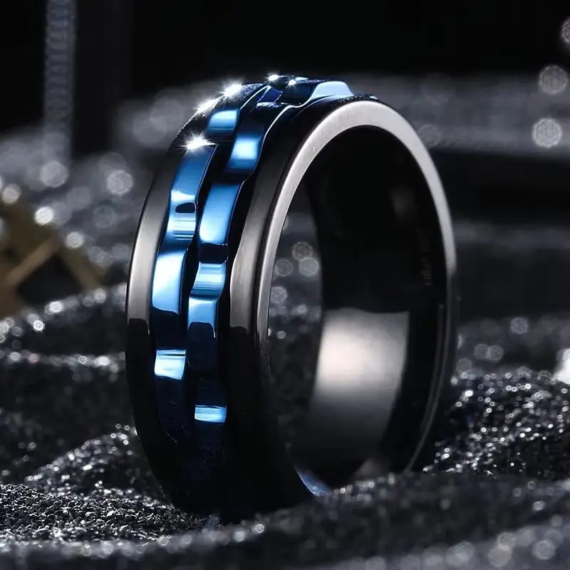 Fashion Punk Stainless Steel Chain Spinner Ring - Rotating Gear Fidget Ring for Men Rock Biker Wedding Party Jewelry Gift