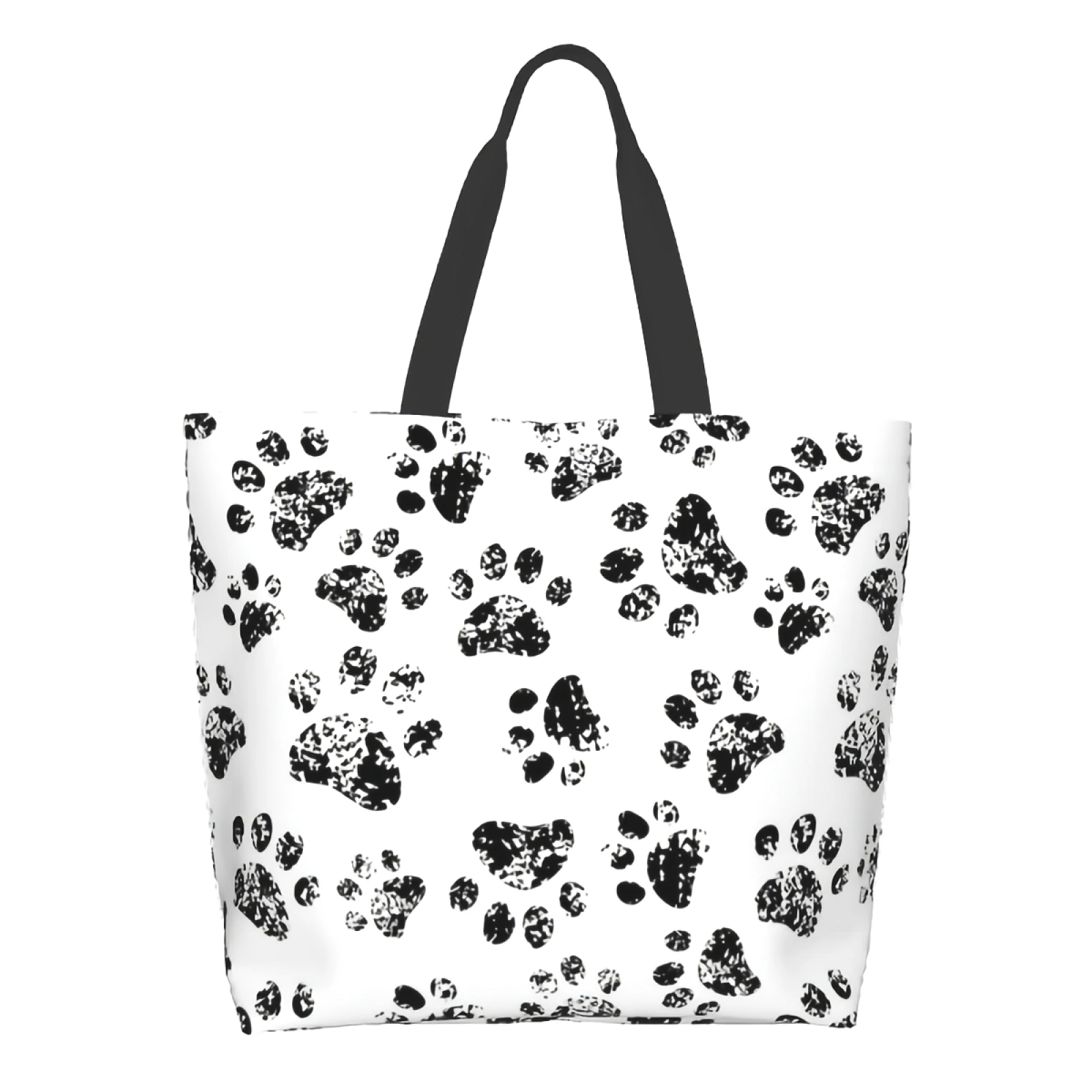 Black White Dog Paw Print Dog Traces Footprint Pet Tracks Footstep Puppy Toe Shape Canvas Tote Bag for Women