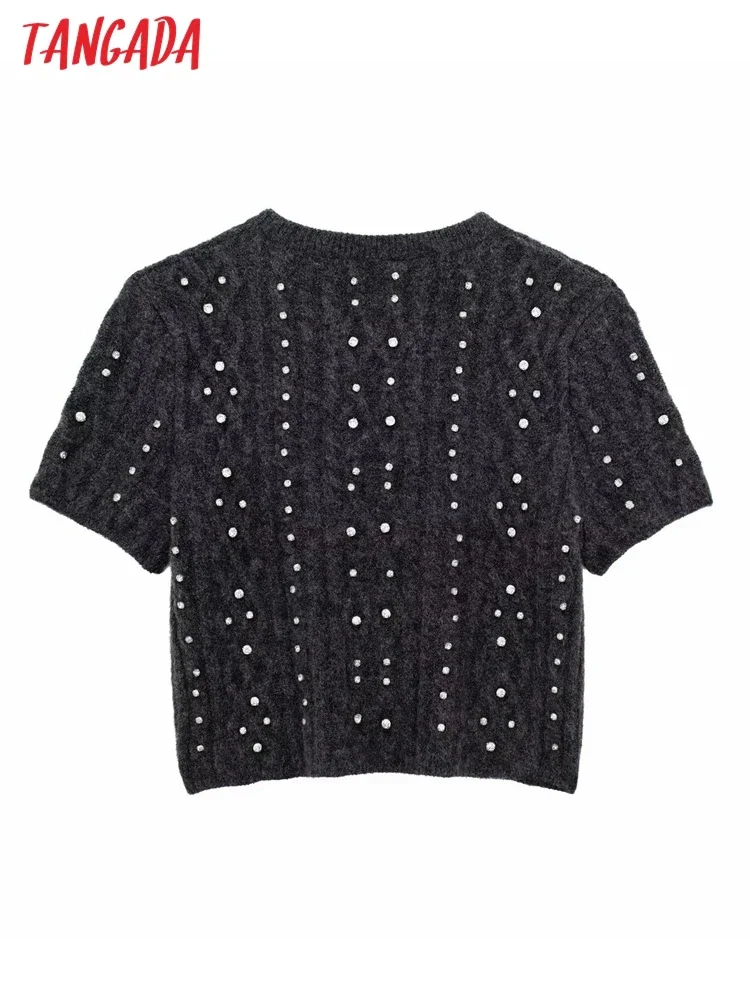 Tangada Women Beading Decorate Crop Knitted Sweater Jumper Short Sleeve Female Tops 3H572