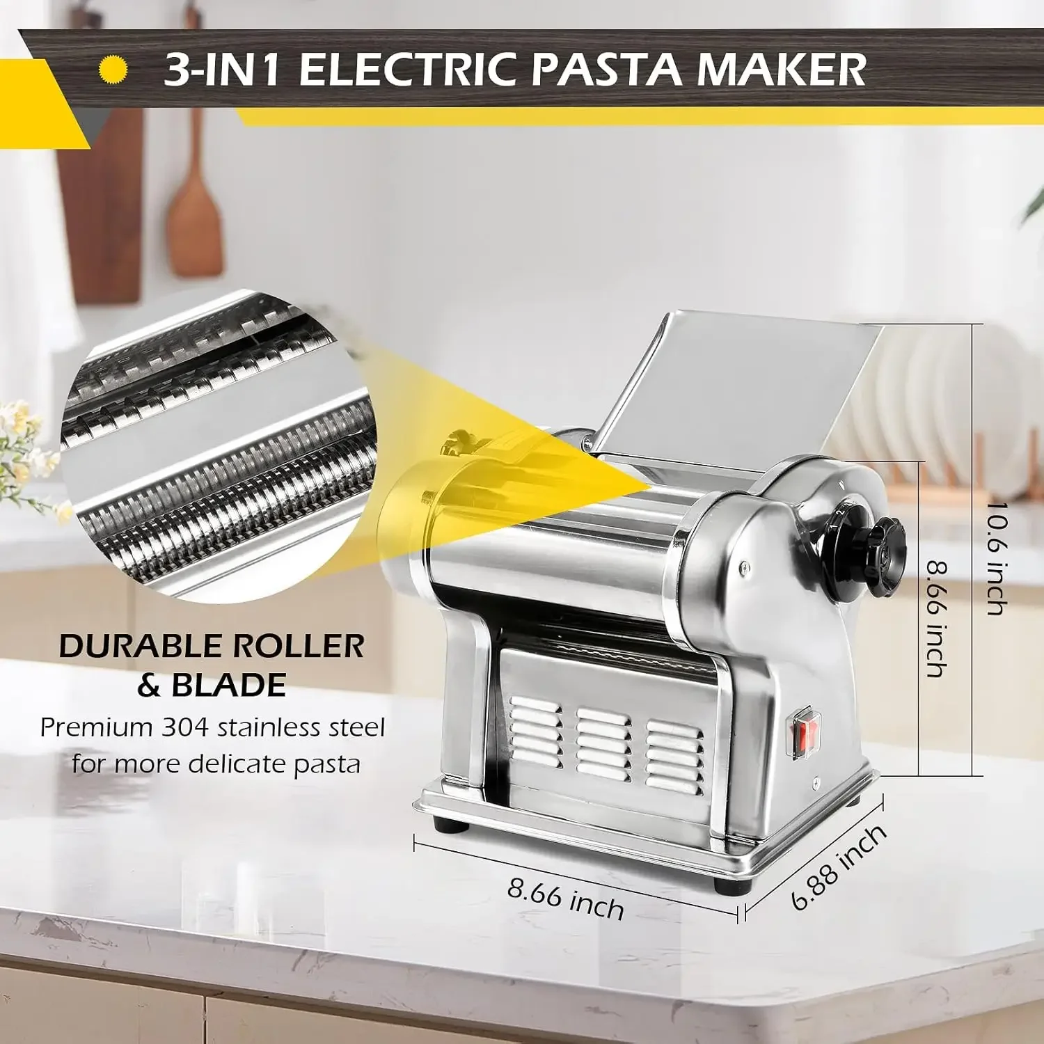 Electric Pasta Maker Noodle Maker Machine Dough Spaghetti Roller Pressing Machine Thickness Adjustable Stainless Steel 135W for