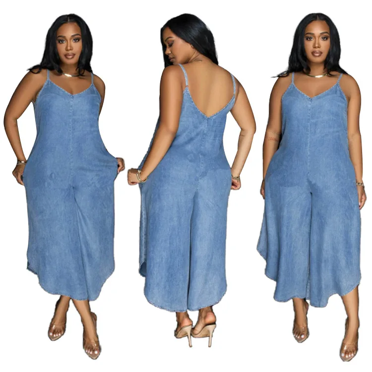 

Women's Summer Fashion New Casual, Comfortable, Versatile Irregular Denim Blue Sleeveless Suspender Straight 3/4 Jumpsuit