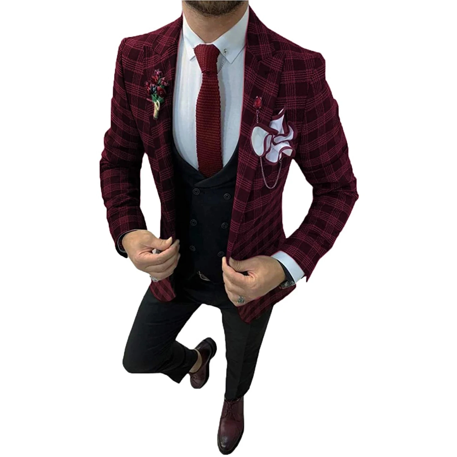 Terno Slim Fit Blue/Wine Red/Brown Plaid Check Men Suits Formal Blazer Masculino Tailor-Made Trajes De Novio 3 Pieces Set Tuxedo