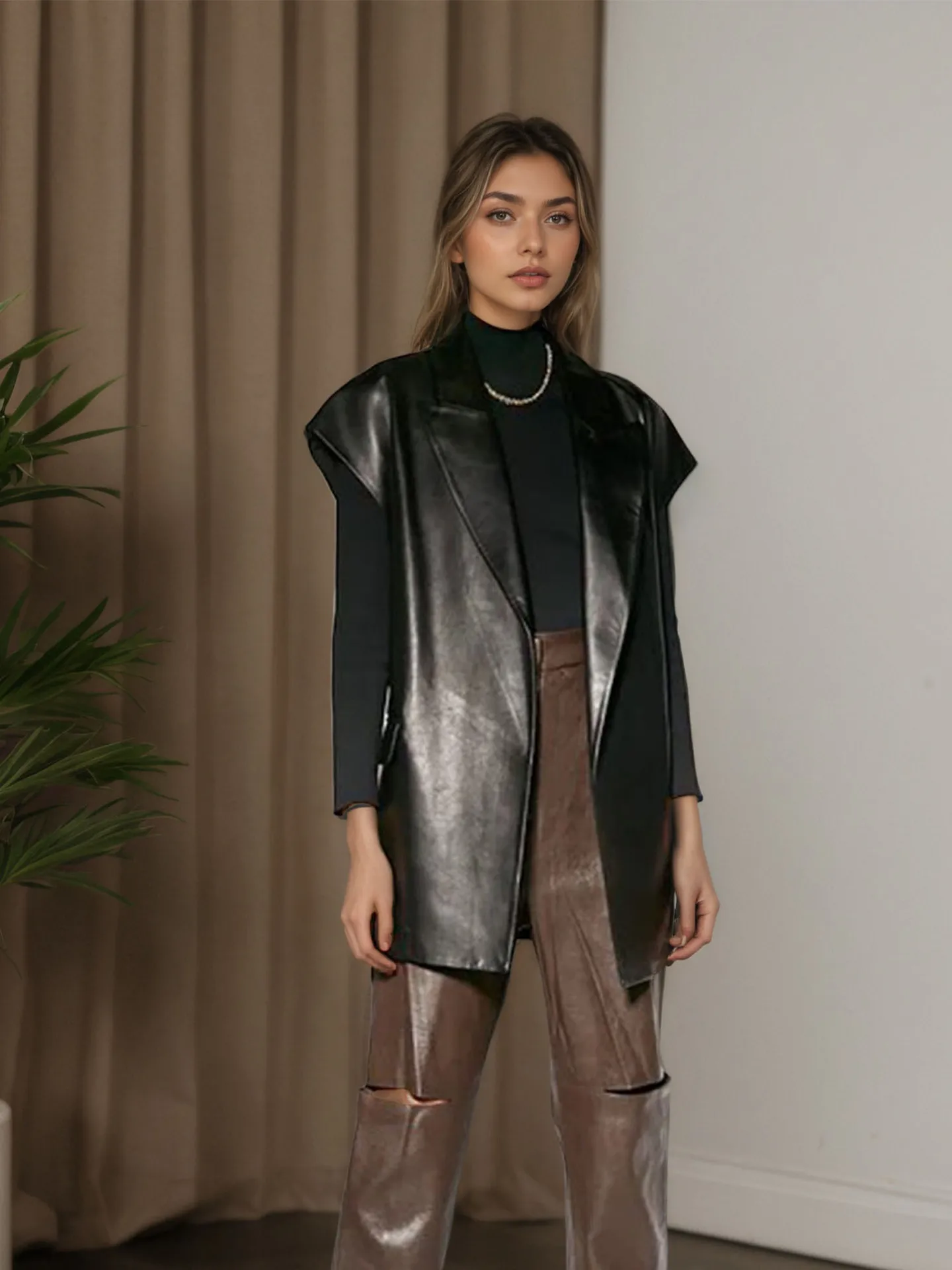 

Модный и элитный воротник костюма, кожаная куртка без рукавов, завязка на талии, двойные карманы, бархатный жилет, жилет, жилет, куртка.