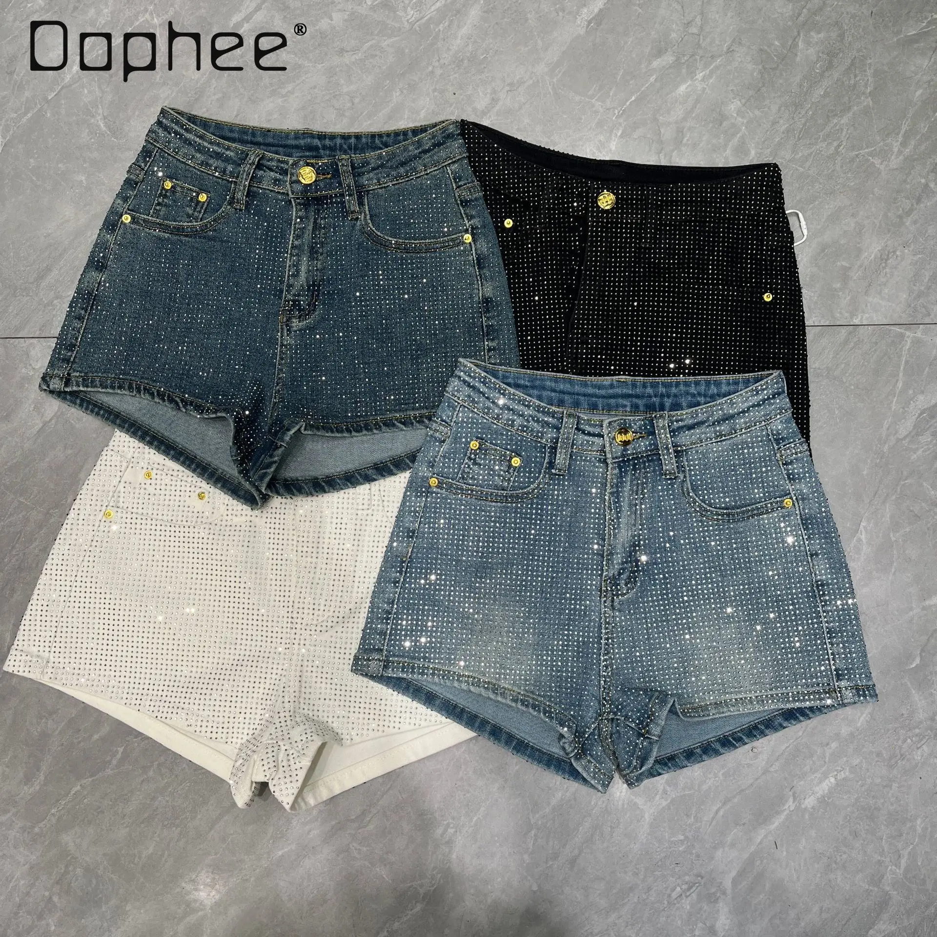 

Europe Station 2026 Early Spring New Heavy-Duty Full Rhinestone Denim Shorts Fashion Versatile High-Waisted Slim Wide-Leg Shorts