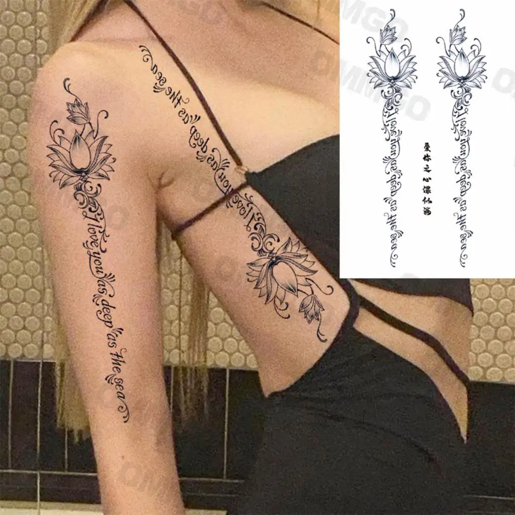Lettere di loto 3D indietro tatuaggi temporanei per donne ragazza adulta giacinto Mandala tatuaggio finto monouso Body Art tatuaggi decorazione