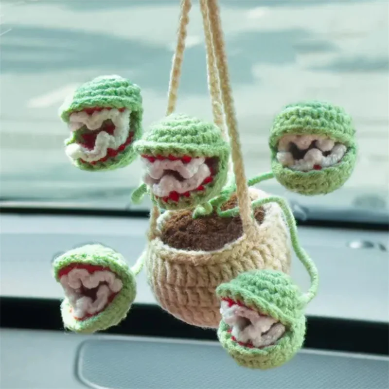 Cannibal flower Potted Plant Rear View Decor Car Interior Accessories Handmade Knitted Cute Crochet ghost Halloween Car pendant