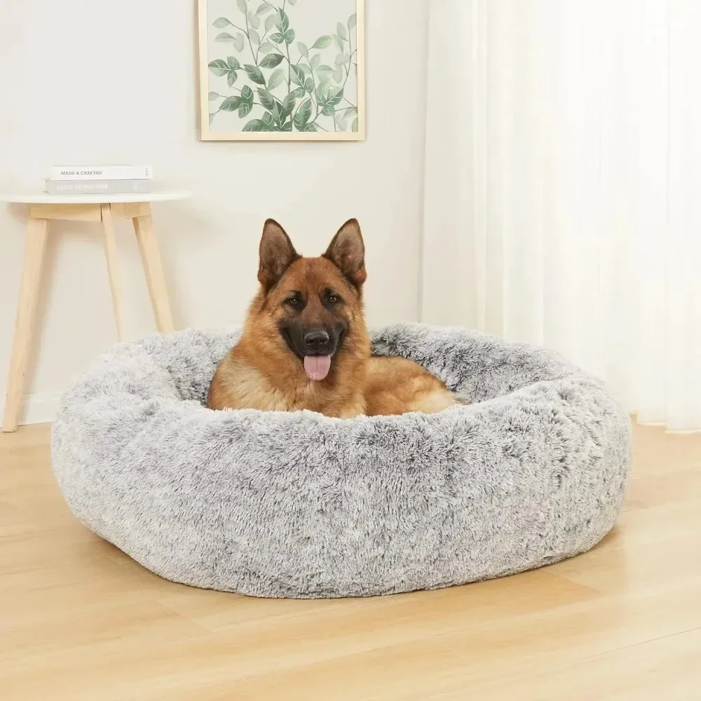 Calming Donut Dog Bed, 45 Inches Round Fluffy Dog Beds, Anti-Anxiety Plush Dog Bed, Washable Pet Bed with Non-Slip Bottom