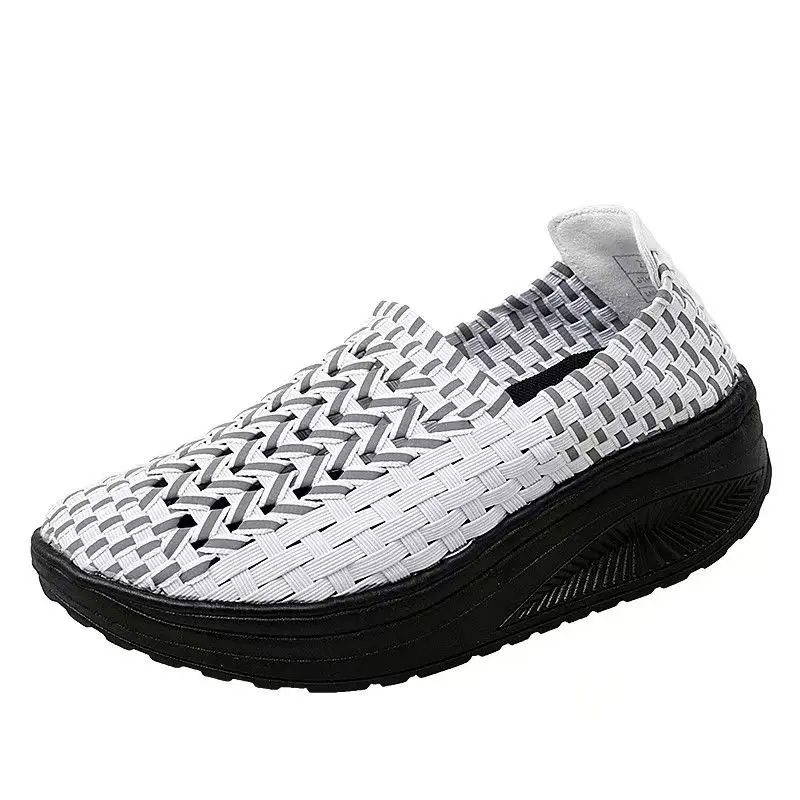 Woman Hand Woven Wedges Casual Shoes Thick Sole Non Slip Spring Summer New Shallow Slip On Round Toe Lightweight Walking Shoes