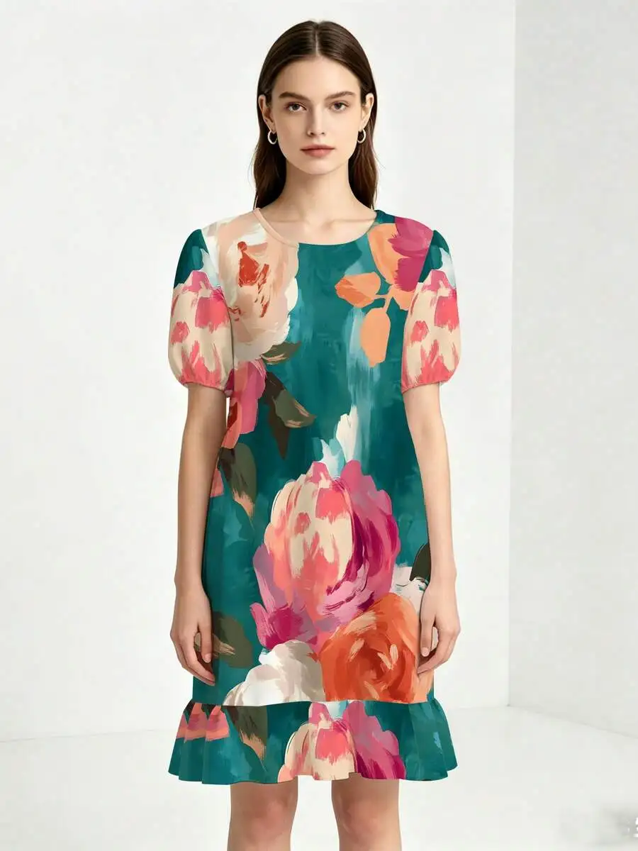

Floral Print Women Round Neck Puff Sleeve Ruffle Hem Loose Shift Dress Summer Casual