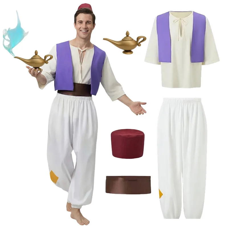 Disfraz de Príncipe Aladino para adulto, disfraz de Halloween, traje de actuación de fiesta de noche árabe, disfraz de Anime con lámpara de genio, regalo de utilería