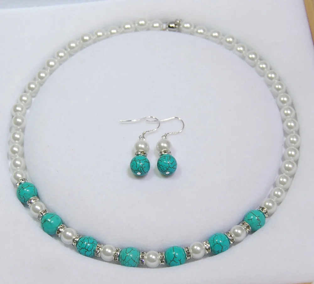 

8-10mm White Akoya Shell Pearl & Green jade Beads Necklace Earrings Set AAA