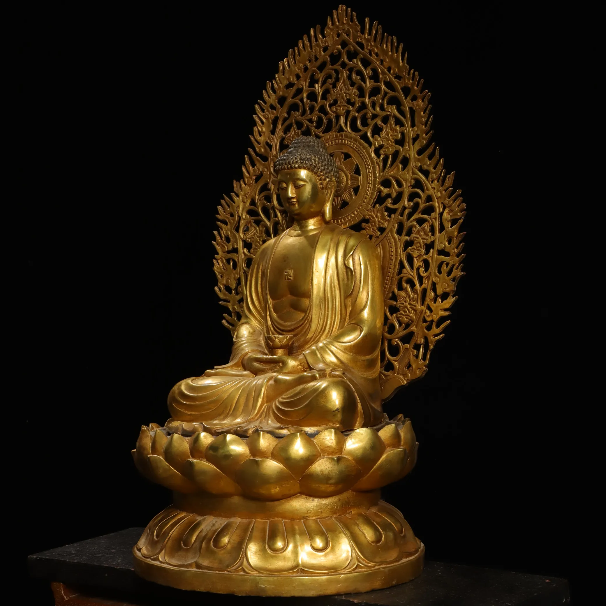 

25"Tibetan Temple Collection Old Bronze Gilded Cinnabar Amitabha Shakyamuni Buddha Lotus Terrace Buddha Backlight Worship Hall