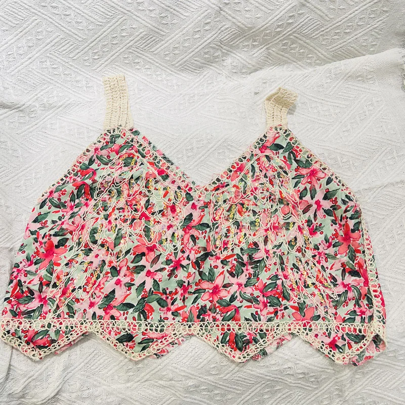 Boring Honey Summer New Fashion Sexy Crop Top Hem Wave Loose Sleeveless Camis Full Printed Flowers V-Neck All-Match Tops Women