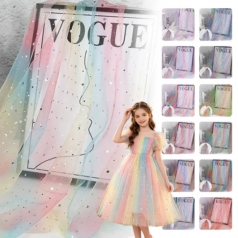 300x150cm Iridescent Gradient Star Moon Sequin Mesh Fabric Puffy Princess Tutu Tulle DIY Material Wedding Decoration