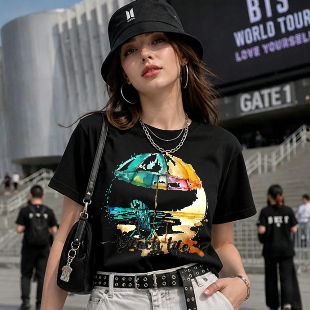 Women Beach Life Graphic T Shirt Watercolor Colorful Beach Umbrella Chair Ocean Print Short Sleeve Crew Neck Cotton Loose
