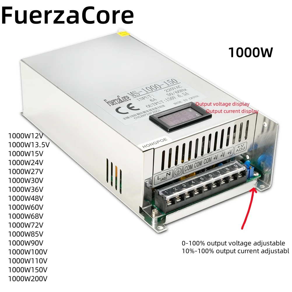 

1000W digitaldisplay SMPS 0-12V 15V 24V 27V 30V 36V 48V 60V 72V 85V 90V 100V 110V 150V 200VAC-DC adjustable Power Supply LED use