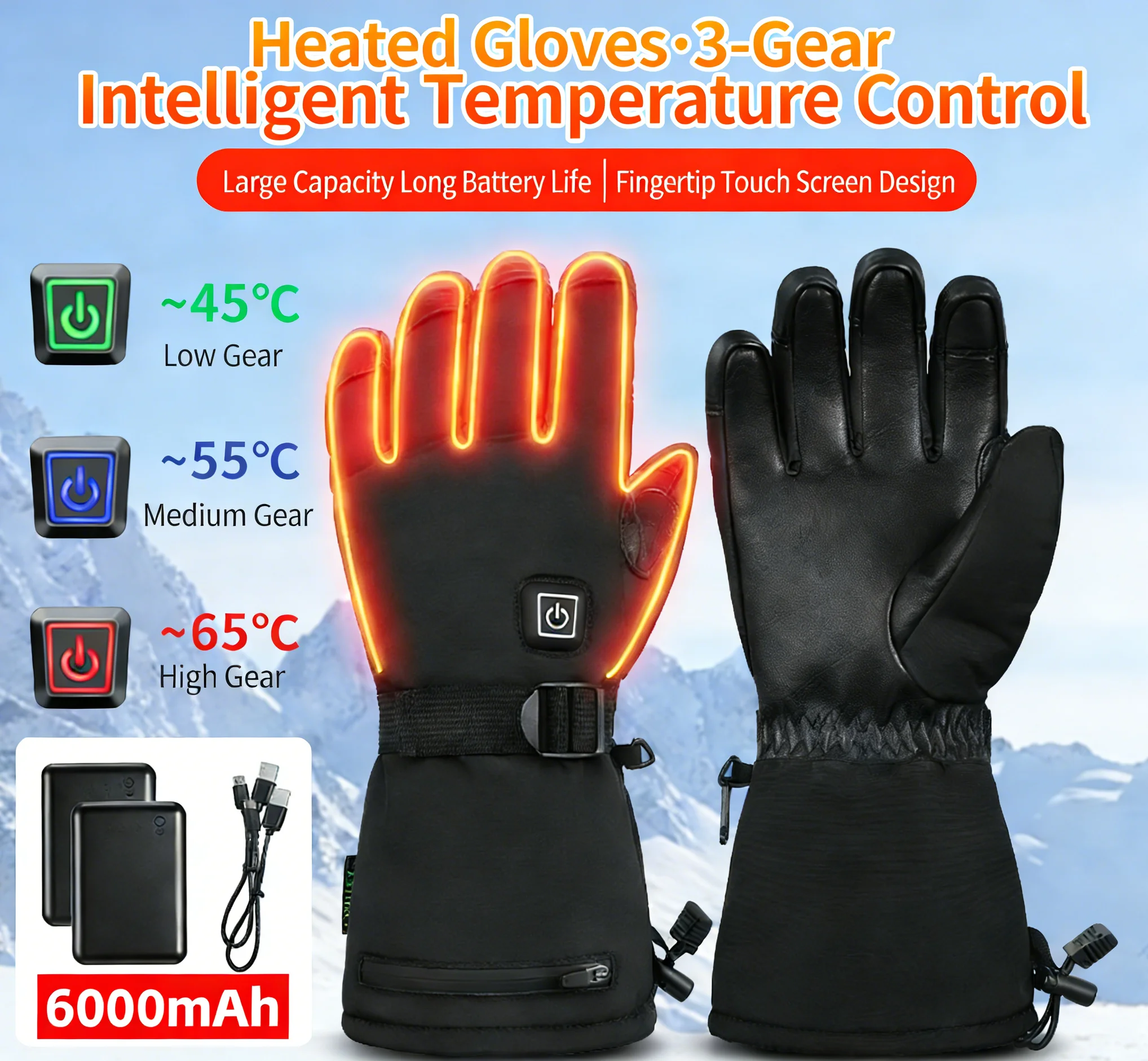 

Smart Heated Gloves Full Fingers 3-Gear Temperature Control Cowhide 3M Insulation Cotton Waterproof Winter Thermal Ski Gloves