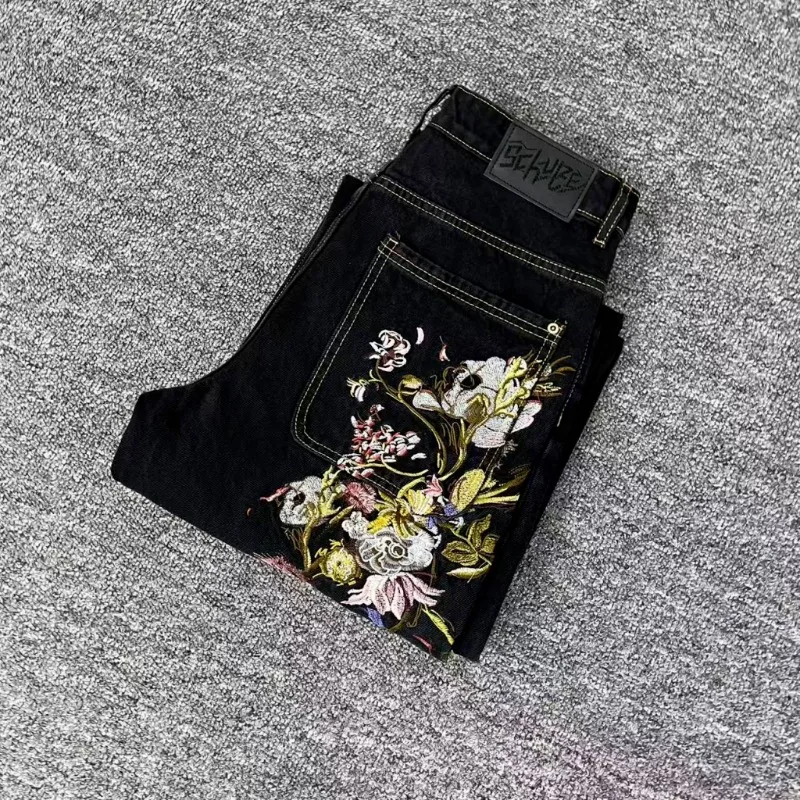 Derschutze جينز مستقيم الساق 1:1 أفضل جودة ريترو التطريز الزهور Derschutze رجل الدينيم السراويل #1