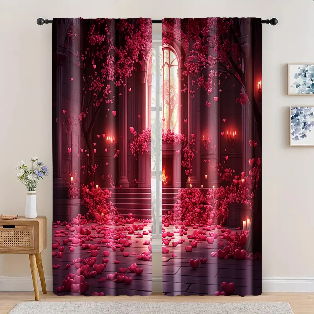 2pc,  Happy Valentine's Day Scene Curtains Fireplace_ pink trees_ love and love Light Filter Festive Holiday Perfect for