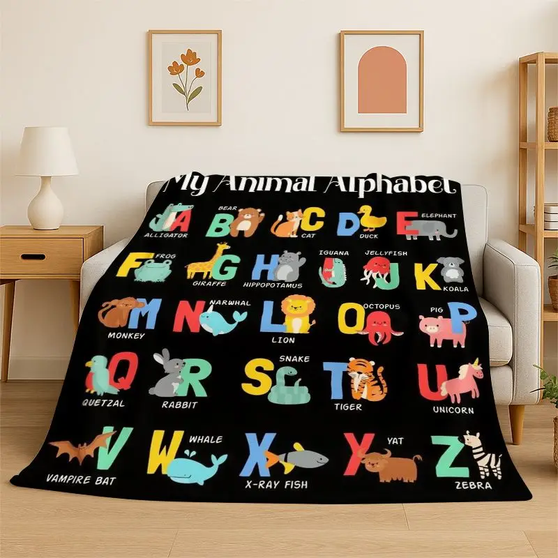 ABC Animal Alphabet Cartoon Flannel Blanket Soft Warm Throw Blanket for Bedroom Living Room Bed Travel Camping Picnic Cover Gift