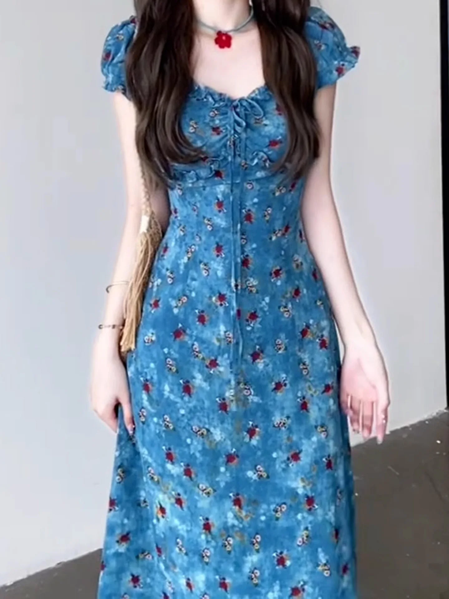 Vestidos de manga curta das mulheres noite 2025 mulher primavera gaze frisado em camadas puff manga império cintura cottagecore fairycore fofo