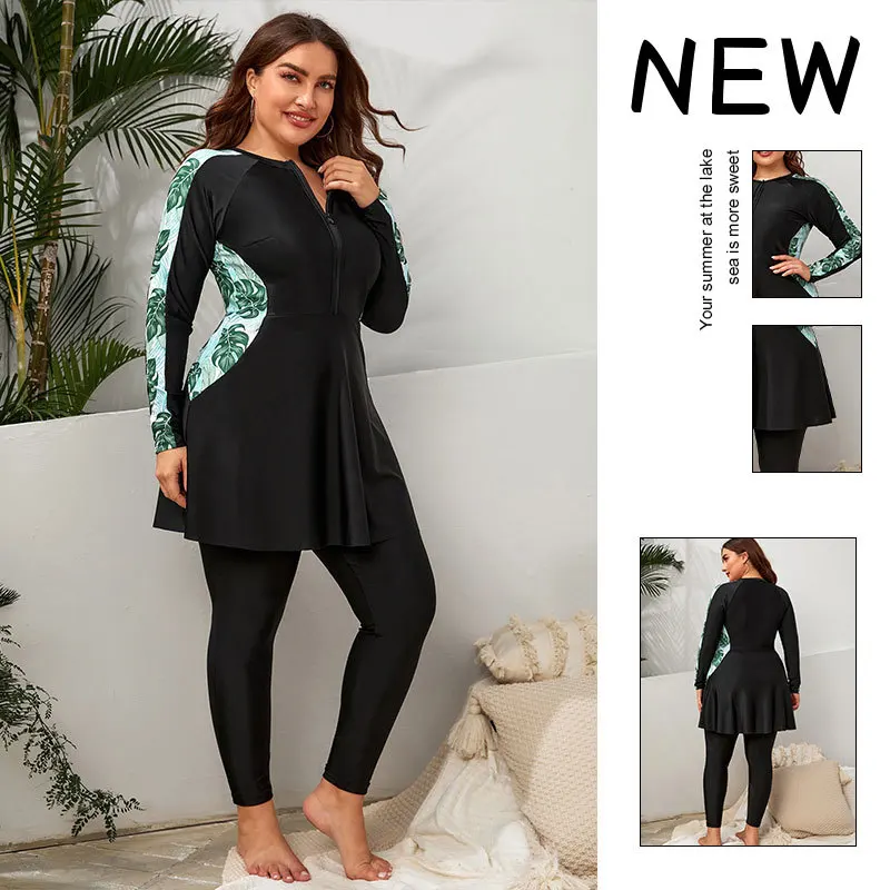 Bañador de manga larga para mujer, surf en la playa, estampado, traje de baño de talla grande, nuevo, 2 piezas, 2024