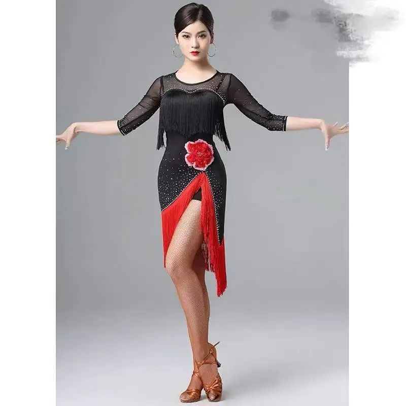 Samba-Robe de Soirée en Maille Extensible pour Femme, Tenue de brevLatine à Franges