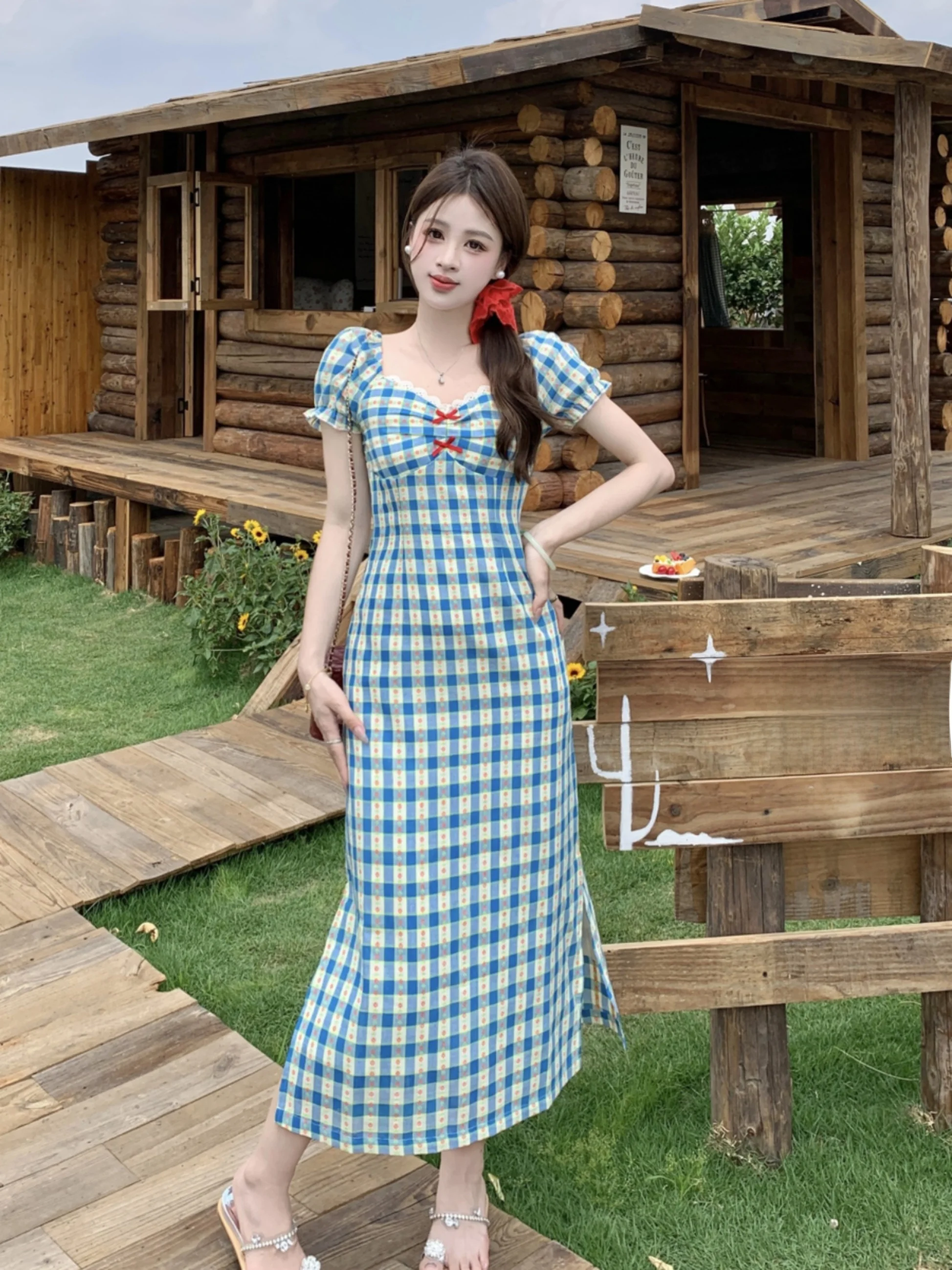 

plus Size Women's Country Sle Plaid Lace Square Collar ort Sve Dr Summer New Waist Cinched A-Line Skirt Dr