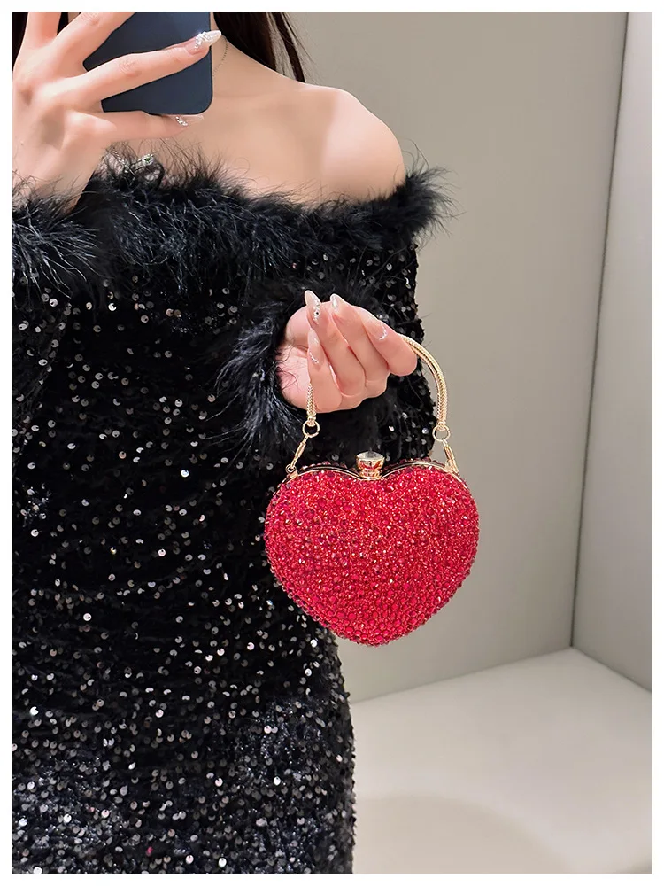 Luxury Diamond Heart Shape Clutch Evening Bag Shiny Crystal Handbag Wedding Dress Party Top-Handle Shoulder Bag Rhinestone